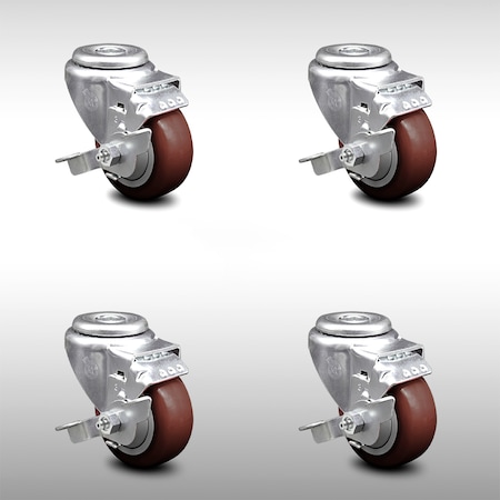 Service Caster 3.5 Inch SS Maroon Polyurethane Wheel Swivel Bolt Hole Caster Set with Brake SCC SCC-SSBH20S3514-PPUB-MRN-TLB-4